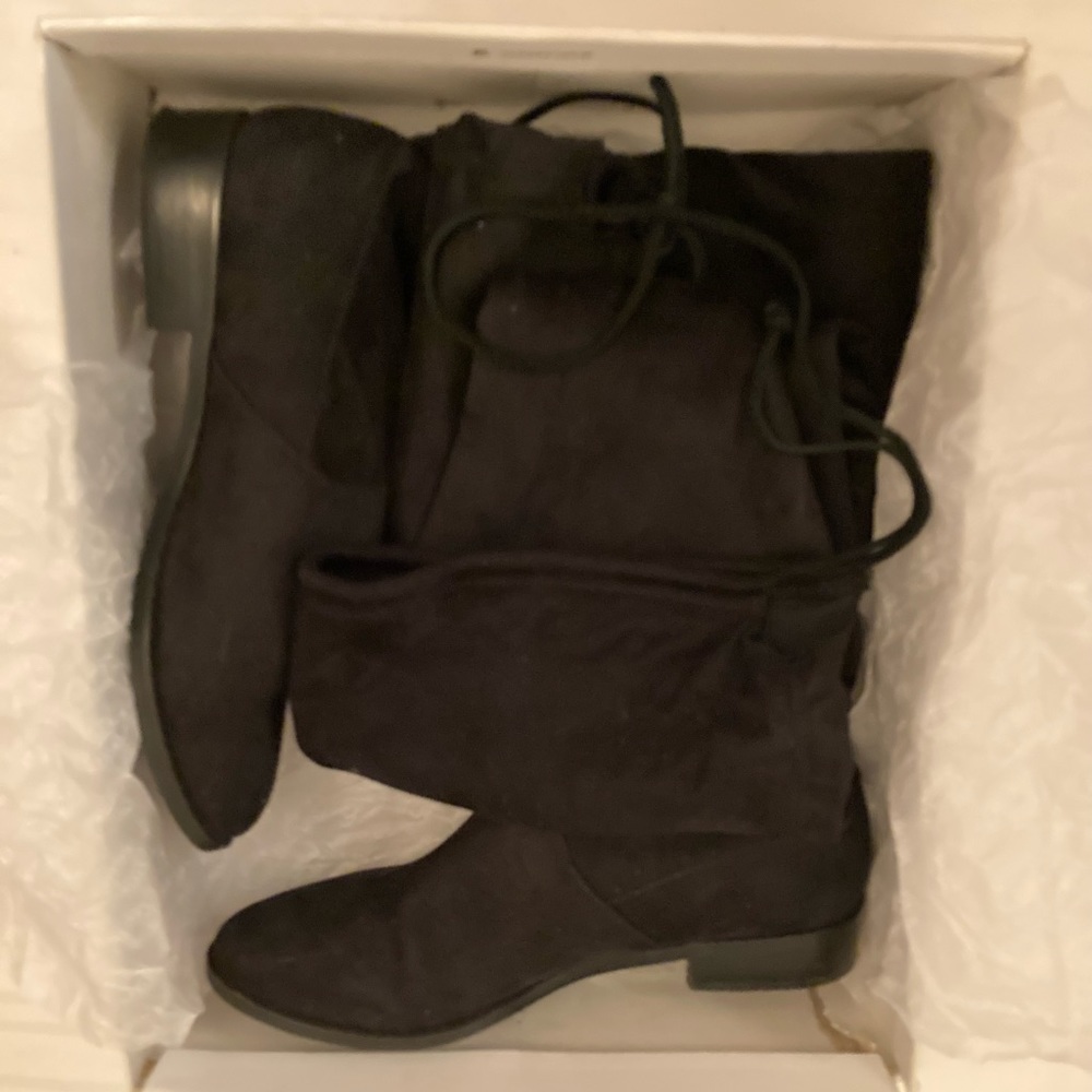 Steve Madden over the knee fabric black boots size 7 1/2” with tie back :)